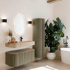 MONDIAZ THOR-DLUX 100cm meuble de salle de bains arrondi gauche + droite couleur Shadow avec 1 tiroir et 2 portes. Vasque suspendue CLOUD Droite 1 trou de robinet couleur Arena. SW1467467
