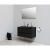 Basic Bella Meuble salle de bains avec lavabo acrylique avec miroir et éclairage Noir 100x55x46cm 2 trous de robinet Noir mat SW491806