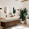 MONDIAZ THOR-DLUX 200cm meuble de salle de bains arrondi gauche + droite couleur Walnut avec 2 tiroirs et 2 portes. Vasque suspendue CLOUD Double 2 trous de robinet couleur Ostra. SW1467013