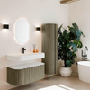 MONDIAZ THOR 100cm meuble de salle de bains arrondi gauche + droite couleur Shadow avec 1 tiroir et 2 portes. Vasque suspendue CLOUD Milieu 1 trou de robinet couleur Talc. SW1467430