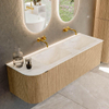 MONDIAZ KURVE-DLUX Meuble de salle de bains 145 cm avec module 25 L couleur Oak avec 1 tiroir et 1 porte. Lavabo LEAF double / à droite sans trou de robinet couleur Ostra. SW1137766