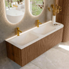 MONDIAZ KURVE 145cm Meuble salle de bain avec module 25 D - couleur Walnut - 1 tiroir - 1 porte - vasque CLOUD double / gauche - 2 trous de robinet - Talc SW1138309