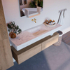 Mondiaz ALAN-DLUX Ensemble de meuble - 150cm - meuble Washed Oak mat - 2 tiroirs - Lavabo Cloud Opalo suspendu - vasque Centre - 0 trous de robinet SW808891