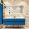 Mondiaz Vica ensemble de meuble de salle de bain - 160cm - meuble sous-vasque jeans - 4 tiroirs - lavabo moon double - 2 trous de robinet - couleur talc - miroir LED - version XL 60cm de haut SW1092177