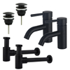 FortiFura Calvi Kit robinet lavabo - pour double vasque - robinet bas - bonde clic clac - siphon design bas - Noir mat SW911711