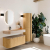 MONDIAZ THOR-DLUX 110cm badmeubel ronding links + rechts kleur Oak met 1 lade en 2 deuren. Vrijhangende wastafel CLOUD Links 1 kraangat kleur Saba. SW1462992