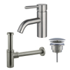 FortiFura Calvi Kit mitigeur lavabo - robinet bas - bonde nonobturable - siphon design - PVD Inox brossé SW911747