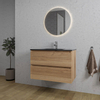 Adema Chaci Meuble salle de bain - 80x46x55cm - 1 vasque en céramique noire - 1 trou de robinet - 2 tiroirs - miroir rond avec éclairage - chêne SW816270