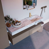 Mondiaz ALAN-DLUX Ensemble de meuble - 150cm - meuble Smoke mat - 2 tiroirs - Lavabo Cloud Glace suspendu - vasque Droite - 1 trou de robinet SW804980