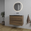 Saniclass Chaci Meuble de salle de bain - 80x46x55cm - lavabo en céramique noir - 1 vasque - sans trou de robinet - 2 tiroirs - ronde miroir avec éclairage - noyer (hout) SW816275