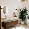 MONDIAZ THOR-DLUX 160cm meuble de salle de bains arrondi gauche + droite couleur Walnut avec 1 tiroir et 2 portes. Vasque suspendue CLOUD Gauche 1 trou de robinet couleur Nata. SW1465264