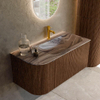 MONDIAZ KURVE-DLUX Meuble de salle de bains 95cm arrondi à gauche couleur Walnut avec 1 tiroir et 1 porte. Lavabo BIG SMALL à droite 1 trou de robinet Sombra. SW1433646