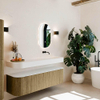 MONDIAZ THOR 160cm meuble de salle de bains arrondi gauche + droite couleur Dusk avec 1 tiroir et 2 portes. Vasque suspendue CLOUD droite sans trou de robinet couleur Talc. SW1465033