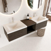MONDIAZ BUKLA Meuble de salle de bains 160cm avec module ouvert 40 couleur Dark Brown avec 2 tiroirs. Lavabo CLOUD double 2 trous de robinet couleur Talc. SW1382103