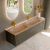 MONDIAZ KURVE-DLUX Meuble de salle de bains 165cm arrondi à droite couleur Shadow avec 2 tiroirs et 1 porte. Lavabo STOR SMALL Double / Gauche 2 trous de robinet Saba. SW1433290