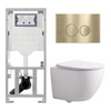 Pack WC QeramiQ Dely Swirl Compact - réservoir encastrable Geberit UP320 - avec bâti-support Burda - abattant slim - plaque de commande en plastique laiton brossé (or) - boutons ronds - blanc mat SW1595643