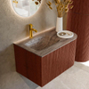 MONDIAZ KURVE-DLUX Meuble de salle de bains 75cm arrondi à droite couleur Ruby avec 1 tiroir et 1 porte. Lavabo GRUNNE à gauche 1 trou de robinet Oza. SW1432755