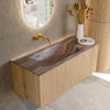 MONDIAZ KURVE-DLUX Meuble de salle de bains 115cm arrondi à droite couleur Chêne avec 1 tiroir et 1 porte. Lavabo BIG SMALL gauche sans trou de robinet Oza. SW1432624