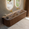 MONDIAZ KURVE-DLUX Meuble de salle de bains 155cm arrondi à gauche couleur Walnut avec 2 tiroirs et 1 porte. Lavabo LEAF Double / à droite sans trou de robinet Sombra. SW1433701