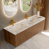 MONDIAZ KURVE-DLUX 145cm Meuble salle de bain avec module 25 D - couleur Walnut - 1 tiroir - 1 porte - vasque LEAF double / gauche - 2 trous de robinet - couleur Glace SW1138060