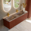 MONDIAZ KURVE-DLUX 155cm meuble de salle de bains avec arrondi à droite couleur Ruby avec 2 tiroirs et 1 porte. Lavabo LEAF Double / Gauche 2 trous de robinet Oza. SW1432845