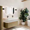 MONDIAZ THOR 130cm meuble de salle de bains arrondi gauche + droite couleur Dusk avec 1 tiroir et 2 portes. Vasque suspendue CLOUD Double 2 trous de robinet couleur Talc. SW1463613
