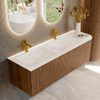 MONDIAZ KURVE-DLUX 145cm Meuble salle de bain avec module 25 D - couleur Walnut - 1 tiroir - 1 porte - vasque LEAF double / gauche - 2 trous de robinet - couleur Ostra SW1137852