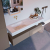 Mondiaz ALAN-DLUX Ensemble de meuble - 150cm - meuble Smoke mat - 2 tiroirs - Lavabo Cloud Opalo suspendu - vasque Gauche - 0 trous de robinet SW806422