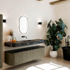 MONDIAZ THOR-DLUX 170cm meuble de salle de bains arrondi gauche + droite couleur Shadow avec 1 tiroir et 2 portes. Vasque suspendue CLOUD Milieu sans trou de robinet couleur Lava. SW1465527