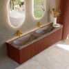 MONDIAZ KURVE-DLUX 175cm meuble de salle de bains avec courbe à droite couleur Ruby avec 2 tiroirs et 1 porte. Plan-vasque STOR SMALL Double / Gauche 2 trous de robinet Sombra. SW1434008