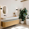 MONDIAZ THOR-DLUX 180cm meuble de salle de bains arrondi gauche + droite couleur Oak avec 2 tiroirs et 2 portes. Vasque suspendue CLOUD gauche sans trou de robinet couleur Opalo. SW1465898