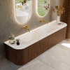 MONDIAZ KURVE-DLUX 180cm Meuble salle de bain avec module 25 G et D - couleur Walnut - 2 tiroirs - 2 portes - vasque LEAF double - sans trou de robinet - couleur Frappe SW1137522