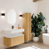 MONDIAZ THOR 100cm meuble de salle de bains arrondi gauche + droite couleur Oak avec 1 tiroir et 2 portes. Vasque suspendue CLOUD Milieu 1 trou de robinet couleur Talc. SW1467341