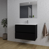 Saniclass Chaci Meuble de salle de bain - 80x46x55cm - lavabo en céramique blanc - 1 vasque - 1 trou de robinet - 2 tiroirs - miroir rectangulaire - noir mat SW816519