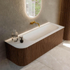 MONDIAZ KURVE 135cm Meuble salle de bain avec module 25 G - couleur Walnut - 1 tiroir - 1 porte - vasque BIG MEDIUM droite - sans trous de robinet - Talc SW1138291