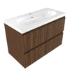 Saniclass Holz Atelier Ensemble meuble de salle de bains - 100x45x63.5cm - Lavabo en céramique Palermo blanc - 1 vasque - 1 trou de robinetterie - 2 tiroirs - walnut pure mat (bois) SW1478614
