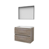 Basic-Line ensemble de meubles de salle de bain 80x46cm sans poignée 2 tiroirs vasque acrylique 1 trou de robinetterie miroir cadre aluminium noir mat tout autour mfc scotch oak SW639069