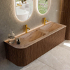 MONDIAZ KURVE-DLUX Meuble de salle de bains 145cm courbure gauche couleur Walnut avec 1 tiroir et 1 porte. Lavabo LEAF Double / Droite 2 trous de robinet Arena. SW1431230