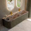 MONDIAZ KURVE-DLUX 155cm meuble de salle de bains arrondi Gauche couleur Shadow avec 2 tiroirs et 1 porte. Lavabo LEAF Double / Droite 2 trous de robinet Sombra. SW1433799