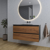 Adema Industrial 2.0 Ensemble de meuble 100x45x55cm avec vasque noire en céramique - sans trou de robinet avec trop-plein et miroir rond éclairé - bois/noir SW816098