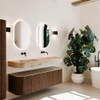 MONDIAZ THOR-DLUX 150cm meuble de salle de bains arrondi gauche + droite couleur Walnut avec 1 tiroir et 2 portes. Vasque suspendue CLOUD Double sans trou de robinet couleur Arena. SW1464738