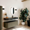 MONDIAZ THOR-DLUX 130cm meuble de salle de bains arrondi gauche + droite couleur Shadow avec 1 tiroir et 2 portes. Vasque suspendue CLOUD Droite 1 trou de robinet couleur Lava. SW1463779