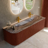 MONDIAZ KURVE-DLUX meuble de salle de bains 145cm arrondi à gauche couleur Ruby avec 1 tiroir et 1 porte. Vasque BIG LARGE à droite 2 trous de robinetterie Sombra. SW1433974