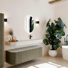 MONDIAZ THOR-DLUX 150cm meuble de salle de bains arrondi gauche + droite couleur Shadow avec 1 tiroir et 2 portes. Vasque suspendue CLOUD Droite 1 trou de robinet couleur Opalo. SW1464732