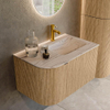 MONDIAZ KURVE-DLUX Meuble de salle de bains 75cm arrondi à gauche couleur chêne avec 1 tiroir et 1 porte. Lavabo GRUNNE à droite 1 trou de robinet Nata. SW1432064
