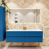 Mondiaz Vica ensemble de meuble de salle de bain - 160cm - meuble sous-vasque jeans - 4 tiroirs - lavabo moon double - sans trous de robinet - couleur talc - miroir LED - version XL 60cm de haut SW1092185