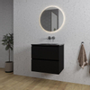 Adema Chaci Ensemble de meuble - 60x46x57cm - 1 vasque en céramique noire - sans trou de robinet - 2 tiroirs - miroir rond avec éclairage - noir mat SW816222