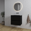 Saniclass Chaci Meuble de salle de bain - 60x46x55cm - lavabo en céramique noir - 1 vasque - sans trou de robinet - 2 tiroirs - ronde miroir avec éclairage - noir mat SW816222