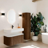 MONDIAZ THOR 100cm meuble de salle de bains arrondi gauche + droite couleur Walnut avec 1 tiroir et 2 portes. Vasque suspendue CLOUD Milieu 1 trou de robinet couleur Talc. SW1467721