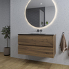 Saniclass Chaci Meuble de salle de bain - 100x46x55cm - lavabo en céramique noir - 1 vasque - sans trous de robinet - 2 tiroirs - ronde miroir avec éclairage - noyer (hout) SW816295